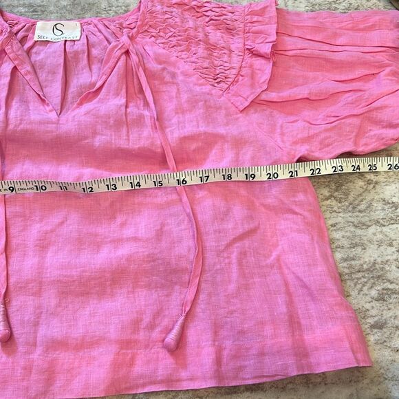 Anthropologie self contrast, pink linen, Pink Smocked Puff Sleeve Top size large - Picture 6 of 7